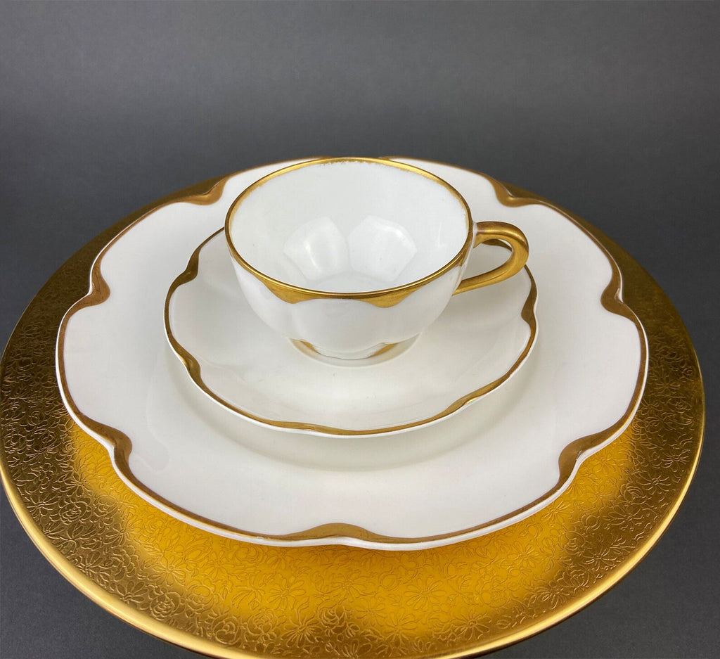 Antique Bavarian Porcelain Tea Trio. Winterling Roslaw. Cup, Saucer, and Dessert Plate in Gold and Pink. Modern Lotus Pattern.