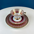 Antique Bavarian Porcelain Tea Trio. Winterling Roslaw. Cup, Saucer, and Dessert Plate in Gold and Pink. Modern Lotus Pattern.