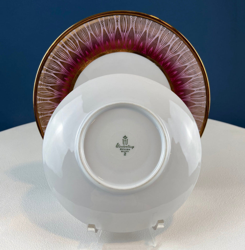 Antique Bavarian Porcelain Tea Trio. Winterling Roslaw. Cup, Saucer, and Dessert Plate in Gold and Pink. Modern Lotus Pattern.