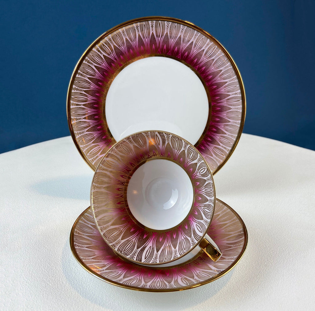 Antique Bavarian Porcelain Tea Trio. Winterling Roslaw. Cup, Saucer, and Dessert Plate in Gold and Pink. Modern Lotus Pattern.